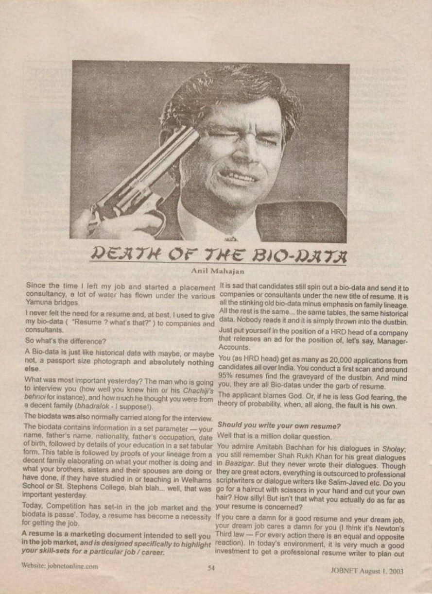 Death of the Bio-Data — JOBNET August 2003, Page 1 — Anil Mahajan