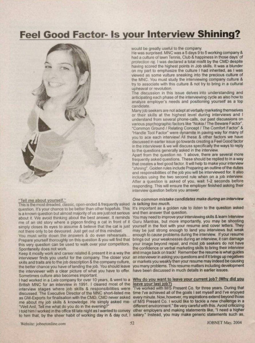 Feel Good Factor – Is Your Interview Shining? JOBNET April 2004 — Page 1