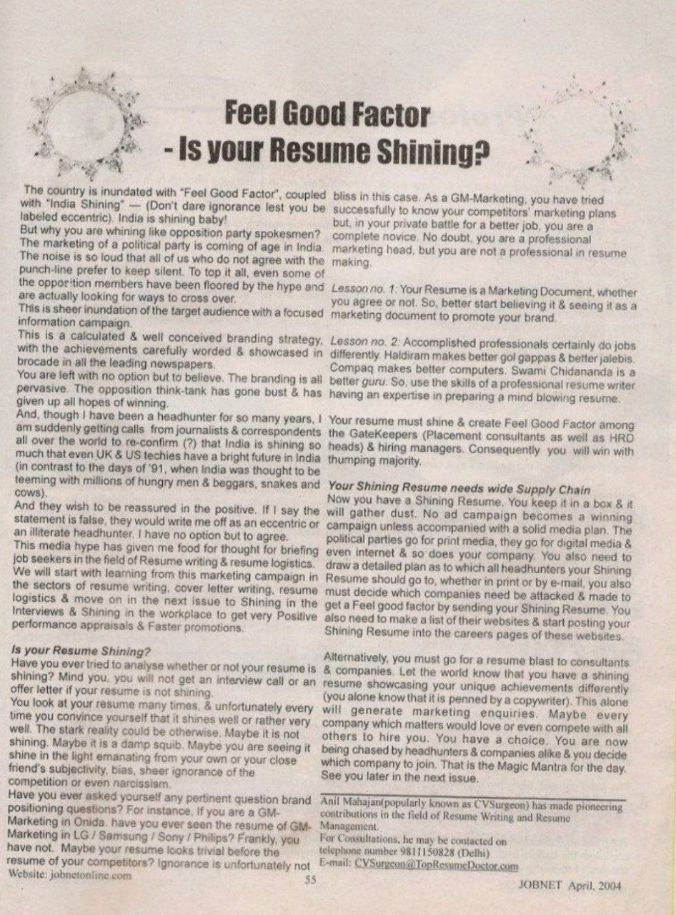 Feel Good Factor – Is Your Resume Shining? JOBNET April 2004