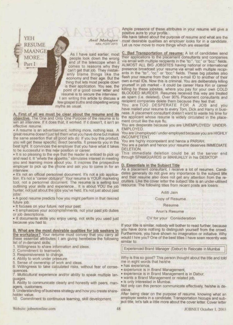Yeh Resume Maange More Part I — JOBNET October 2003, Page 1