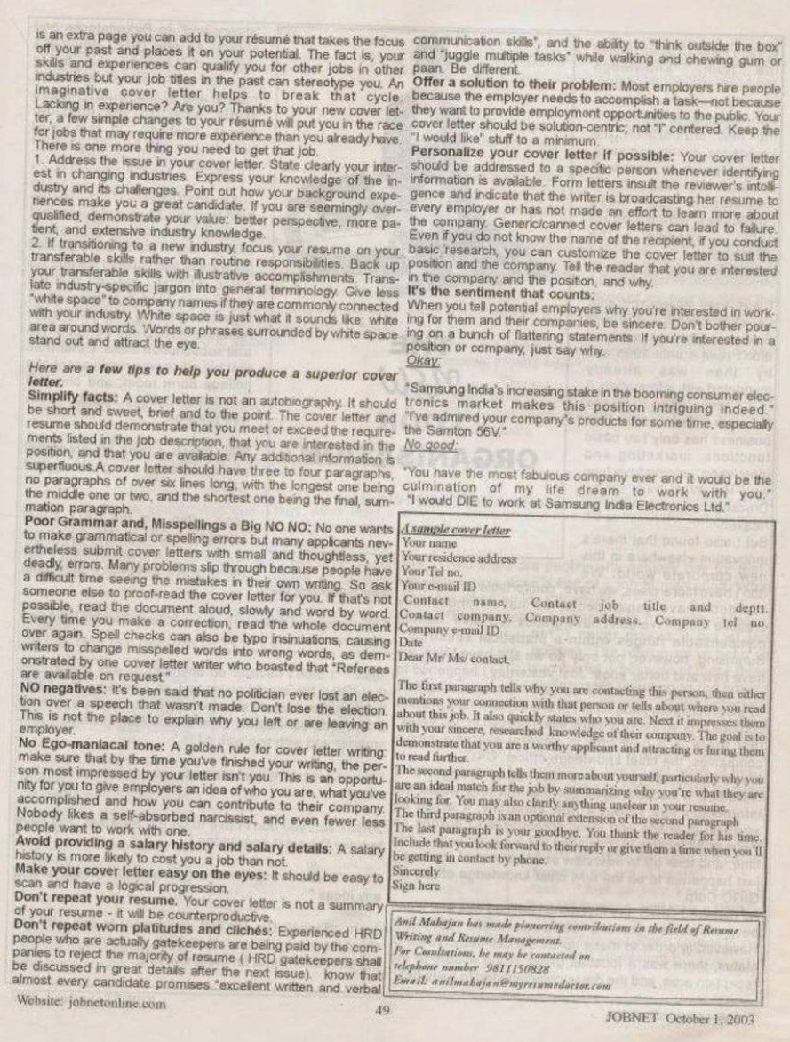 Yeh Resume Maange More Part I — JOBNET October 2003, Page 2