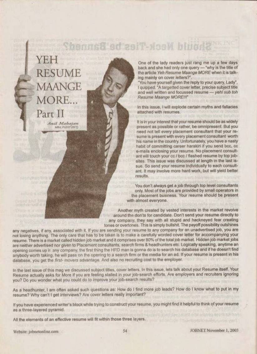 Yeh Resume Maange More Part II — JOBNET November 2003, Page 1
