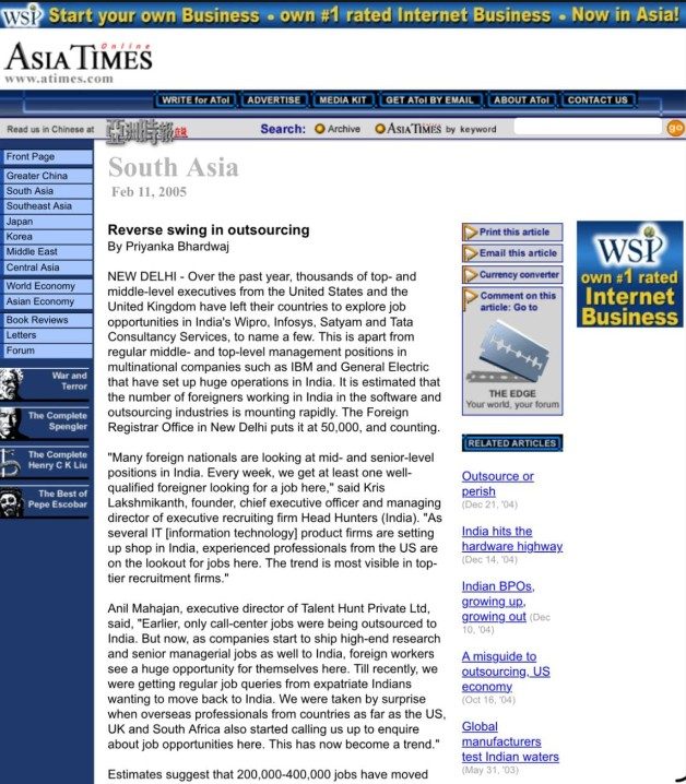 Asia Times — Reverse Swing in Outsourcing, page 1, February 2005