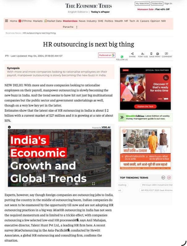 The Economic Times — HR Outsourcing is the Next Big Thing, page 1, May 2004