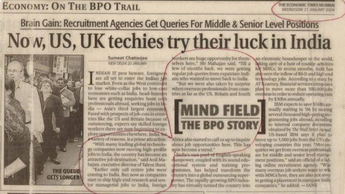 The Economic Times — Now, US & UK Techies Try Their Luck in India, 21 January 2004