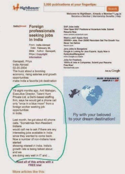 India Abroad (USA) — Foreign Professionals Seeking Jobs in India, February 2004