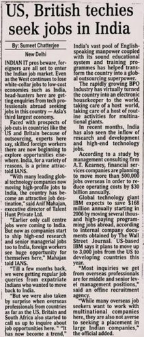 The Pioneer — US & British Techies Seek Jobs in India — 2004