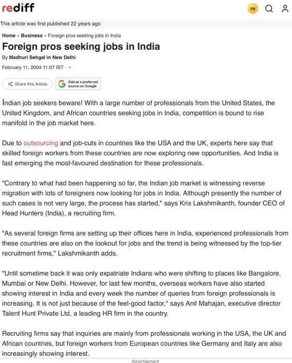 Rediff — Foreign Professionals Seeking Jobs in India, page 1, February 2004