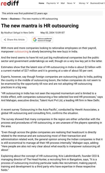 Rediff — The New Mantra is HR Outsourcing, page 2, May 2004