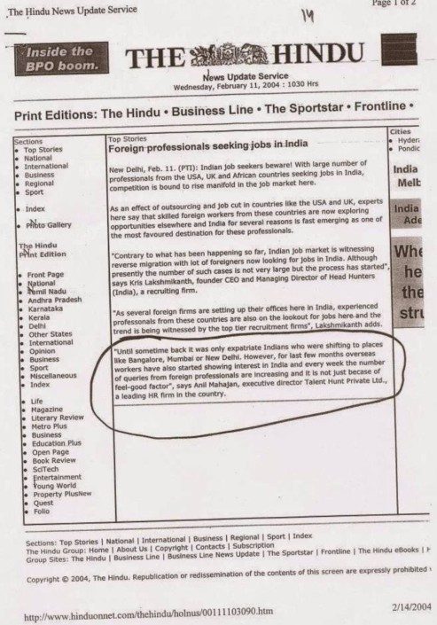 The Hindu — Foreign Professionals Seeking Jobs in India, February 2004