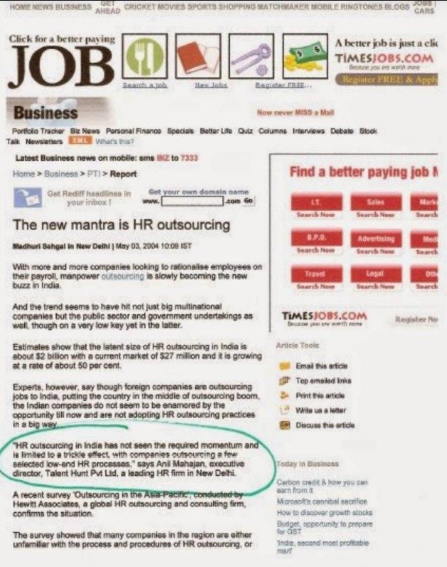 The Times of India — HR Outsourcing: New Mantra for Indian Companies, page 1, May 2004