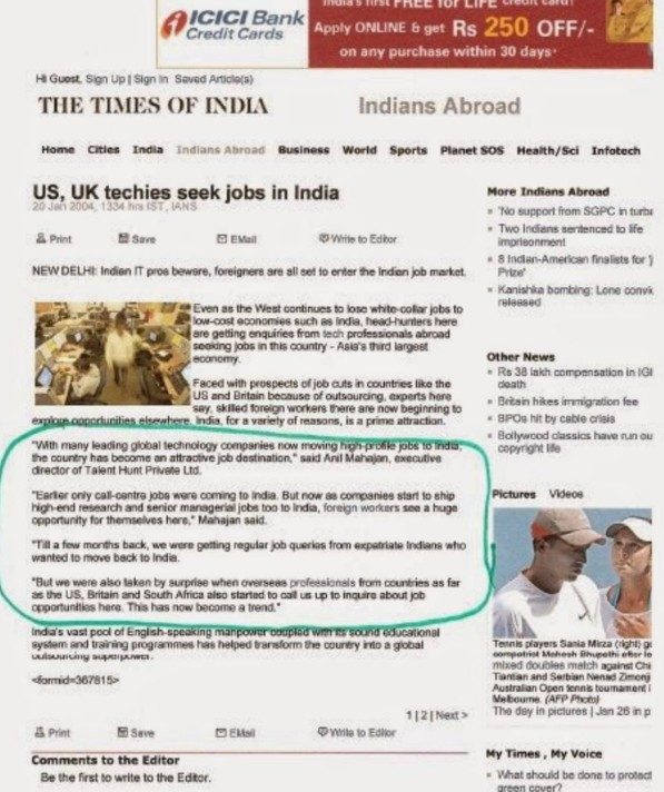 The Times of India — US, UK Techies Seek Jobs in India, page 1, January 2004