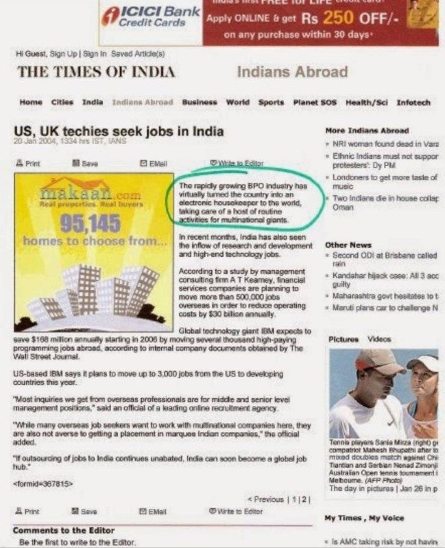 The Times of India — US, UK Techies Seek Jobs in India, page 2, January 2004