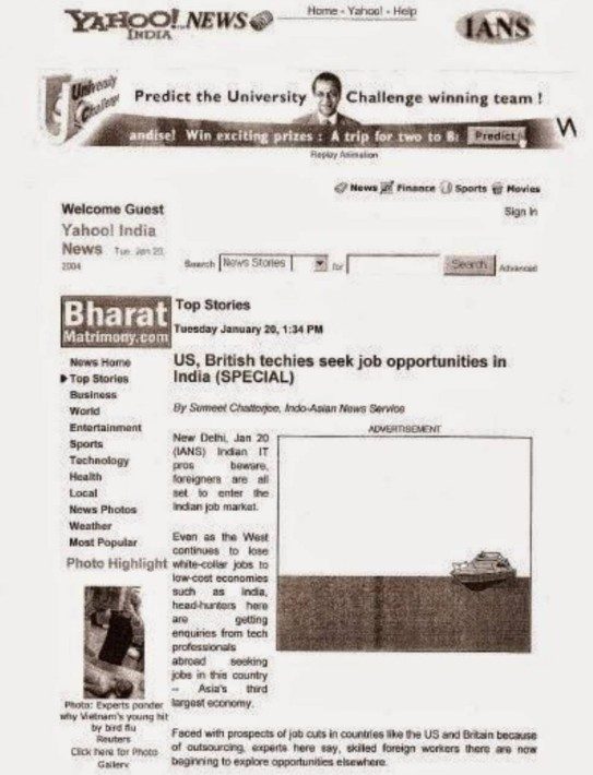 Yahoo! News India — US & British Techies Seek Jobs in India, page 1, January 2004